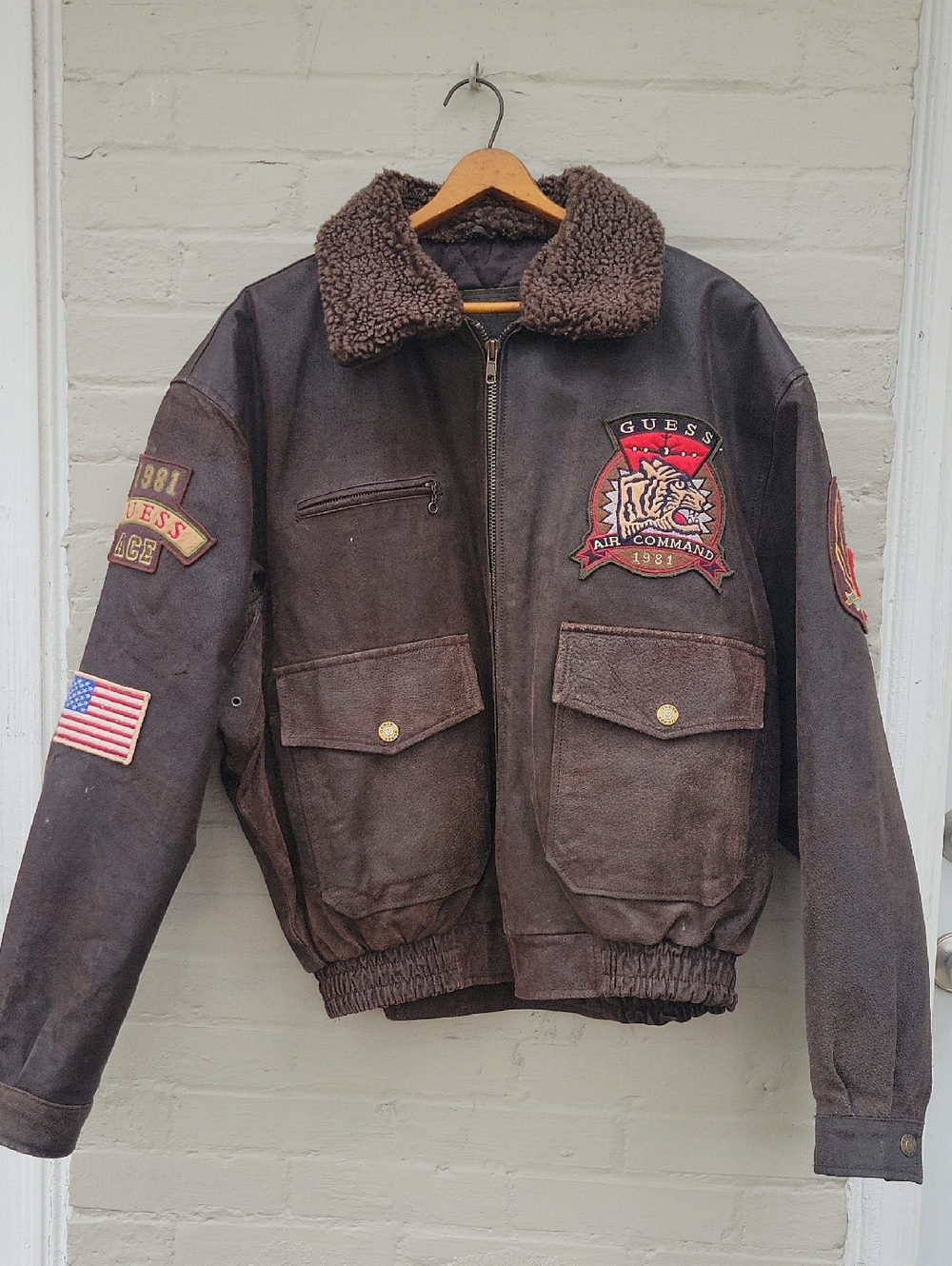Vintage Guess Flyers Club 1981 Flying Aces Leather  Bomber Jacket Size L.